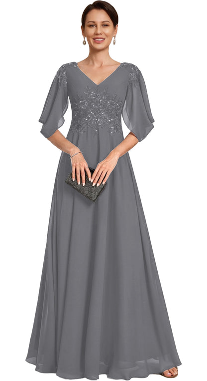 V Neck Chiffon A Line Sequin Lace Dress