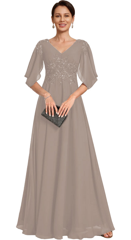 V Neck Chiffon A Line Sequin Lace Dress