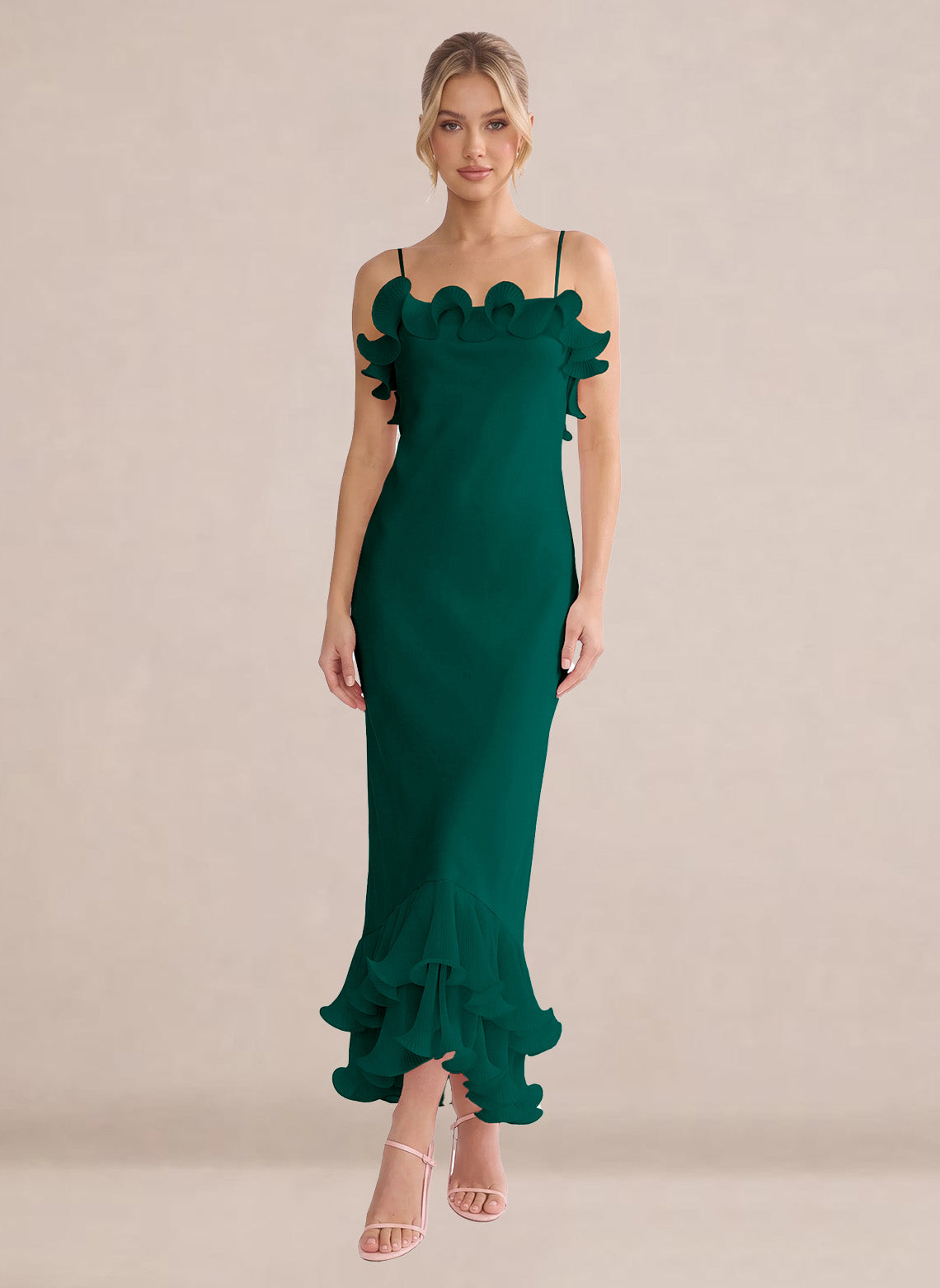 Ruffles Chiffon Layer Midi Formal Wedding Guest Dresses