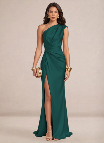 Satin One Shoulder Ruffles Mermaid Maxi Dress with Slit