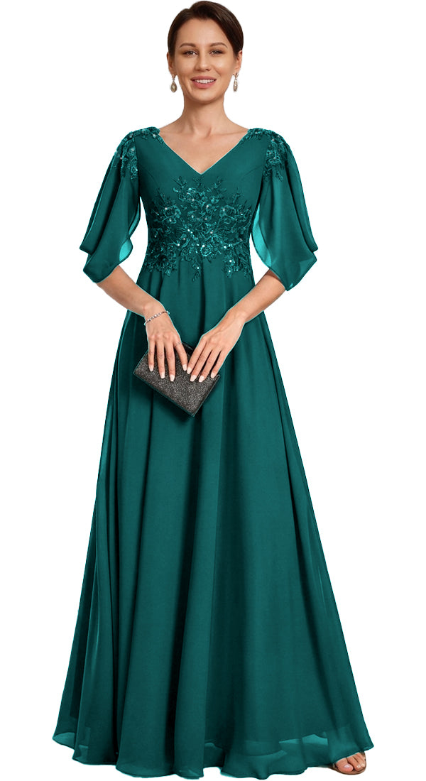 V Neck Chiffon A Line Sequin Lace Dress