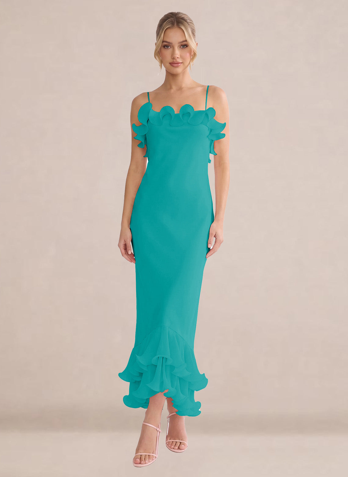 Ruffles Chiffon Layer Midi Formal Wedding Guest Dresses