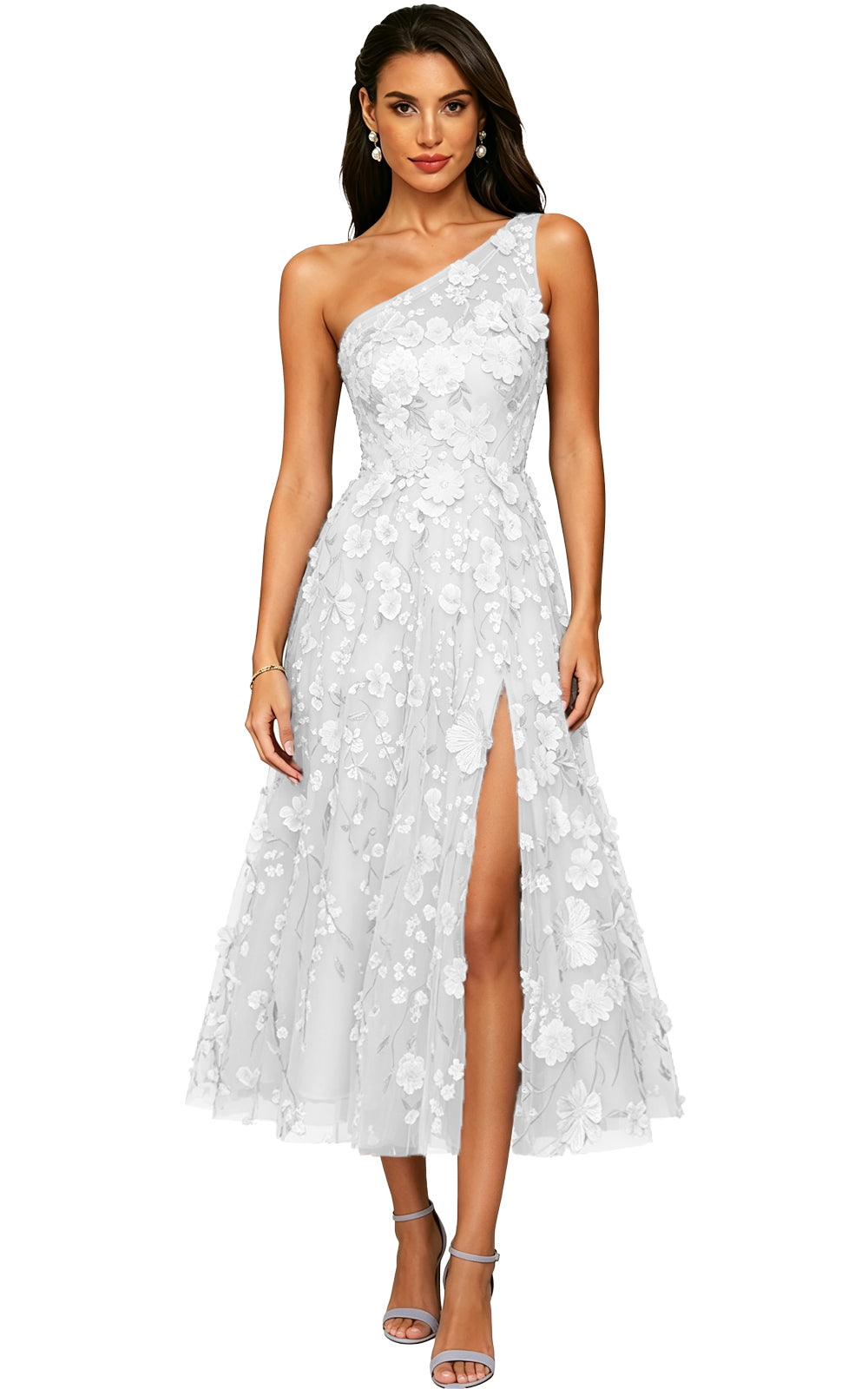 Floral Appliqued One Shoulder Long Formal Dress