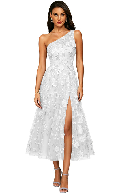 Floral Appliqued One Shoulder Long Formal Dress