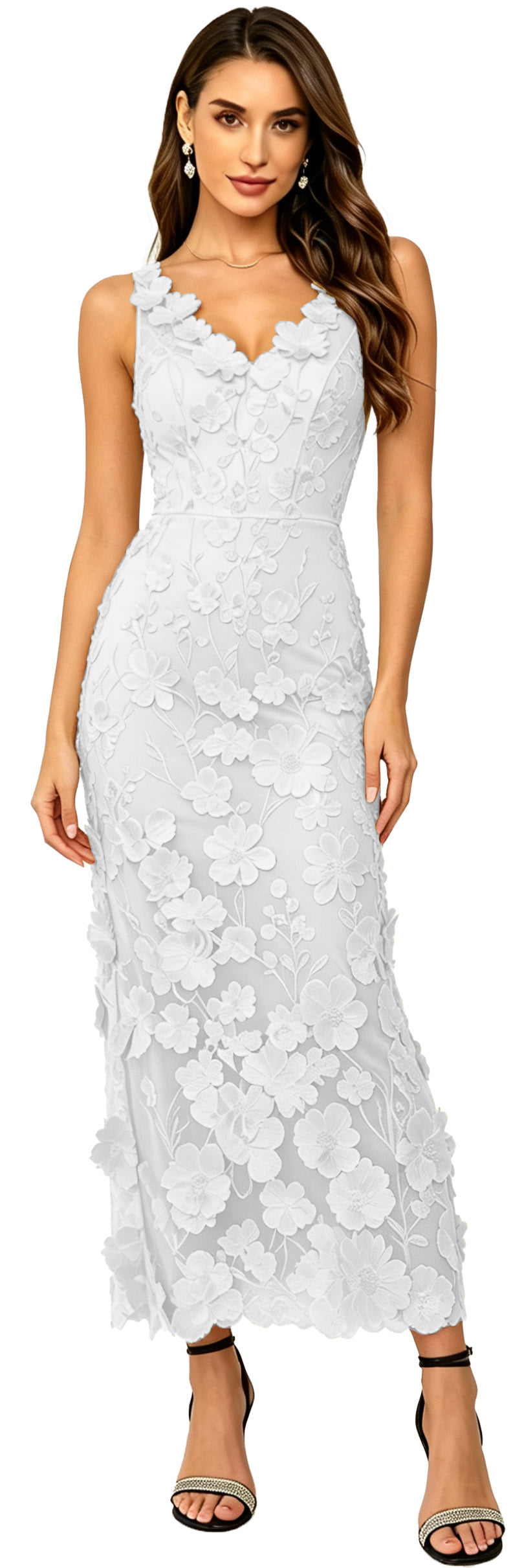 Floral Appliqued V Neck Long Formal Dress