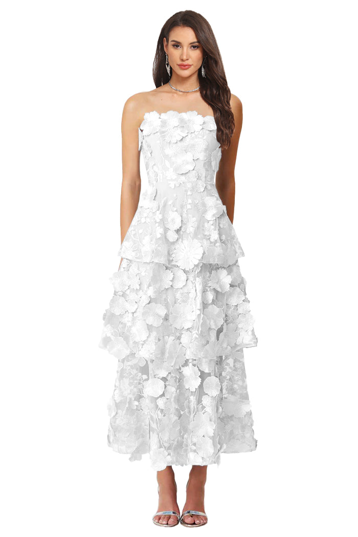 Floral Appliqued Tea Length Formal Wedding Guest Dress
