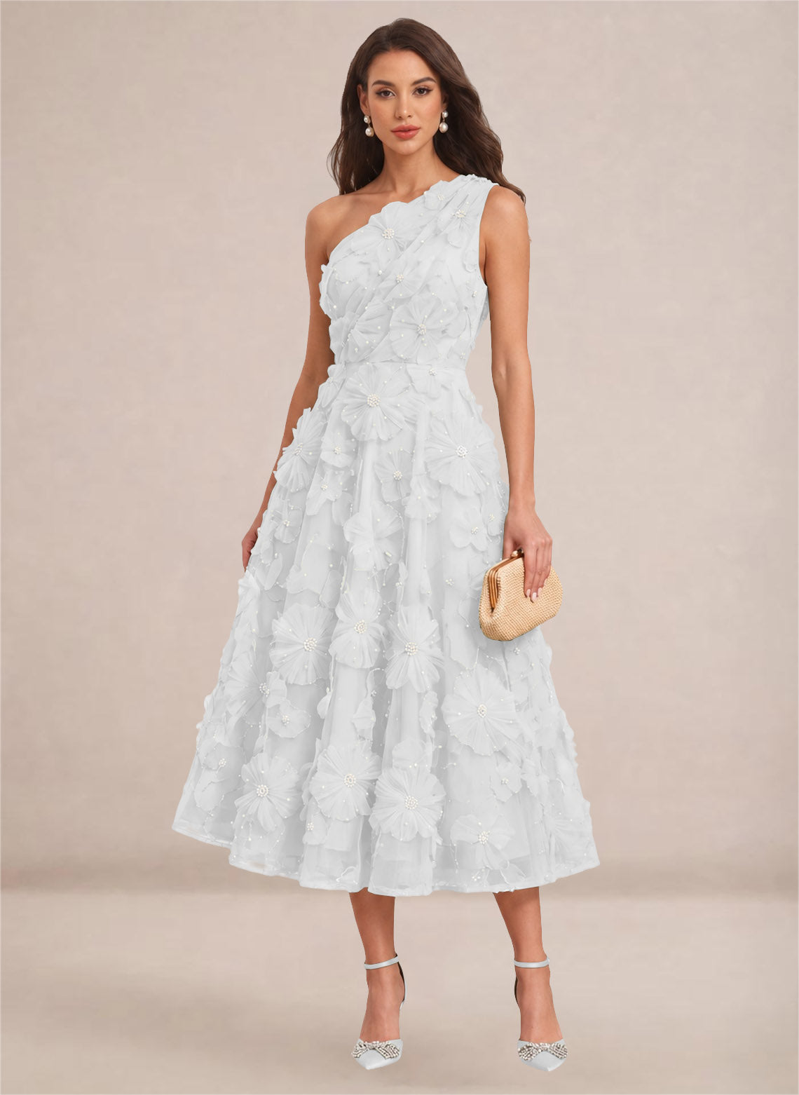 Floral One Shoulder A-line Midi Formal Wedding Guest Dresses