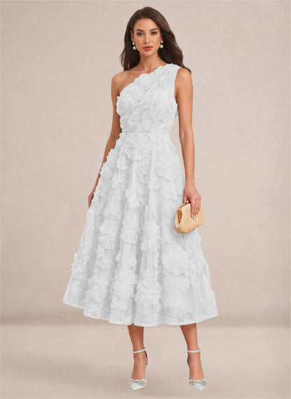 Floral One Shoulder A-line Midi Formal Wedding Guest Dresses