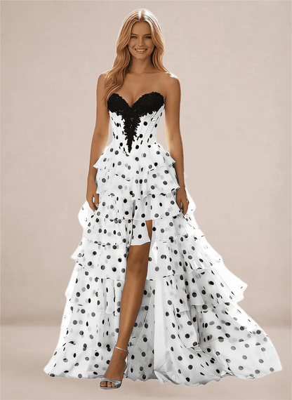 Polka Dots Strapless Tiered Ball Gown Prom Dresses