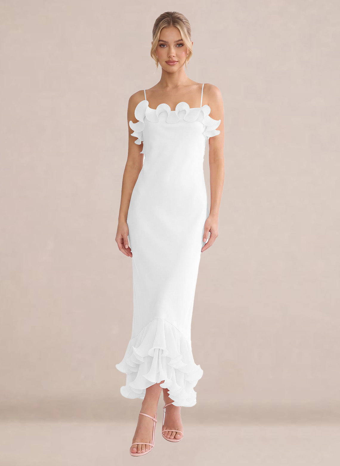 Ruffles Chiffon Layer Midi Formal Wedding Guest Dresses