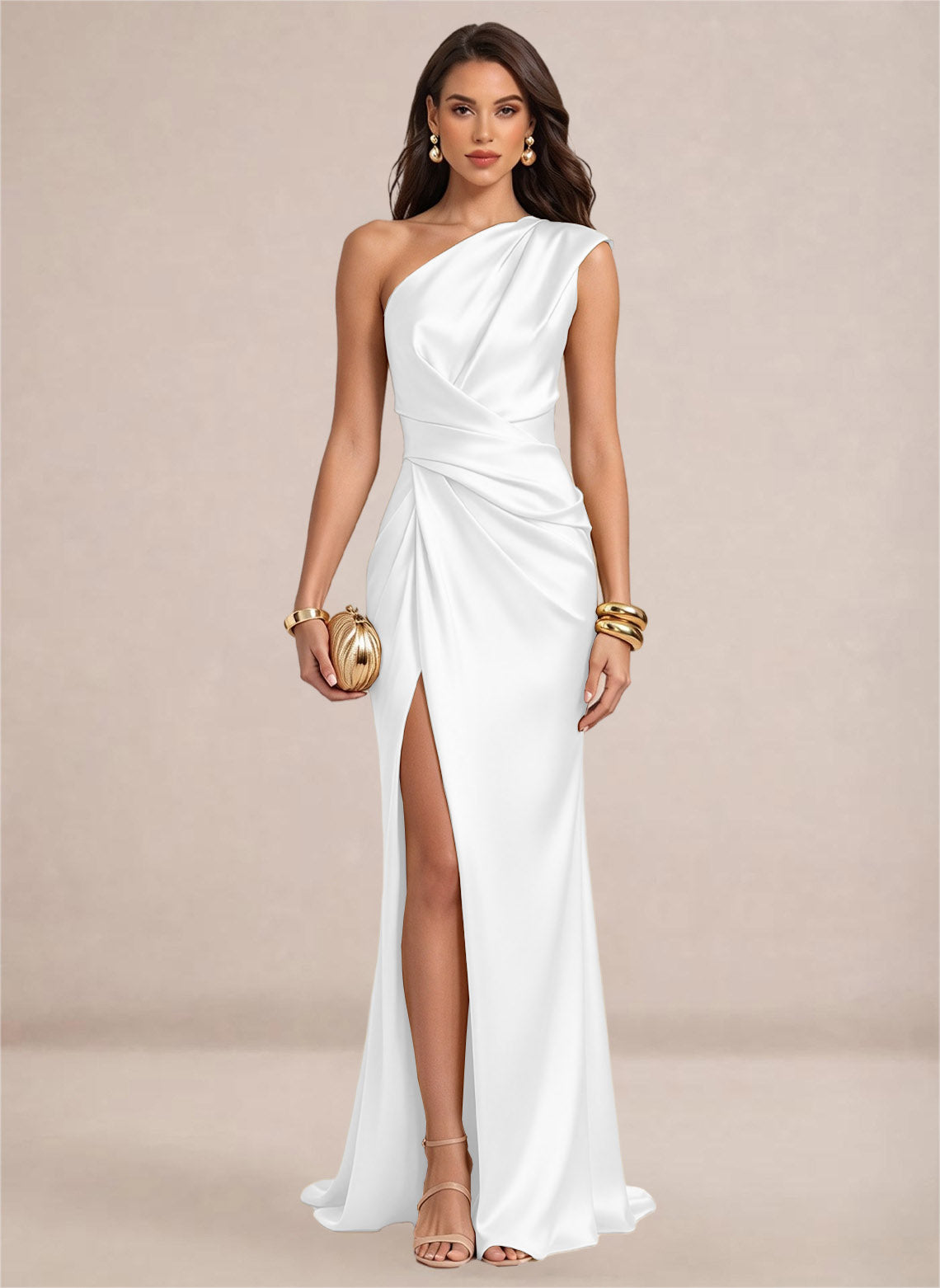 Satin One Shoulder Ruffles Mermaid Maxi Dress with Slit