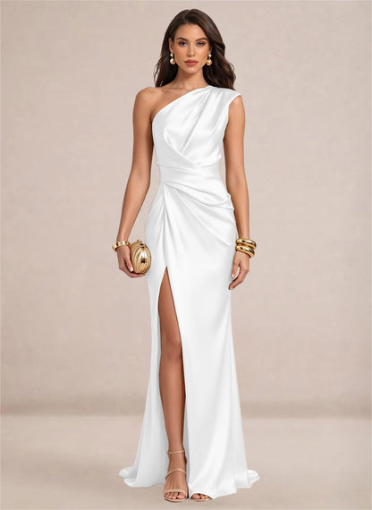 Satin One Shoulder Ruffles Mermaid Maxi Dress with Slit