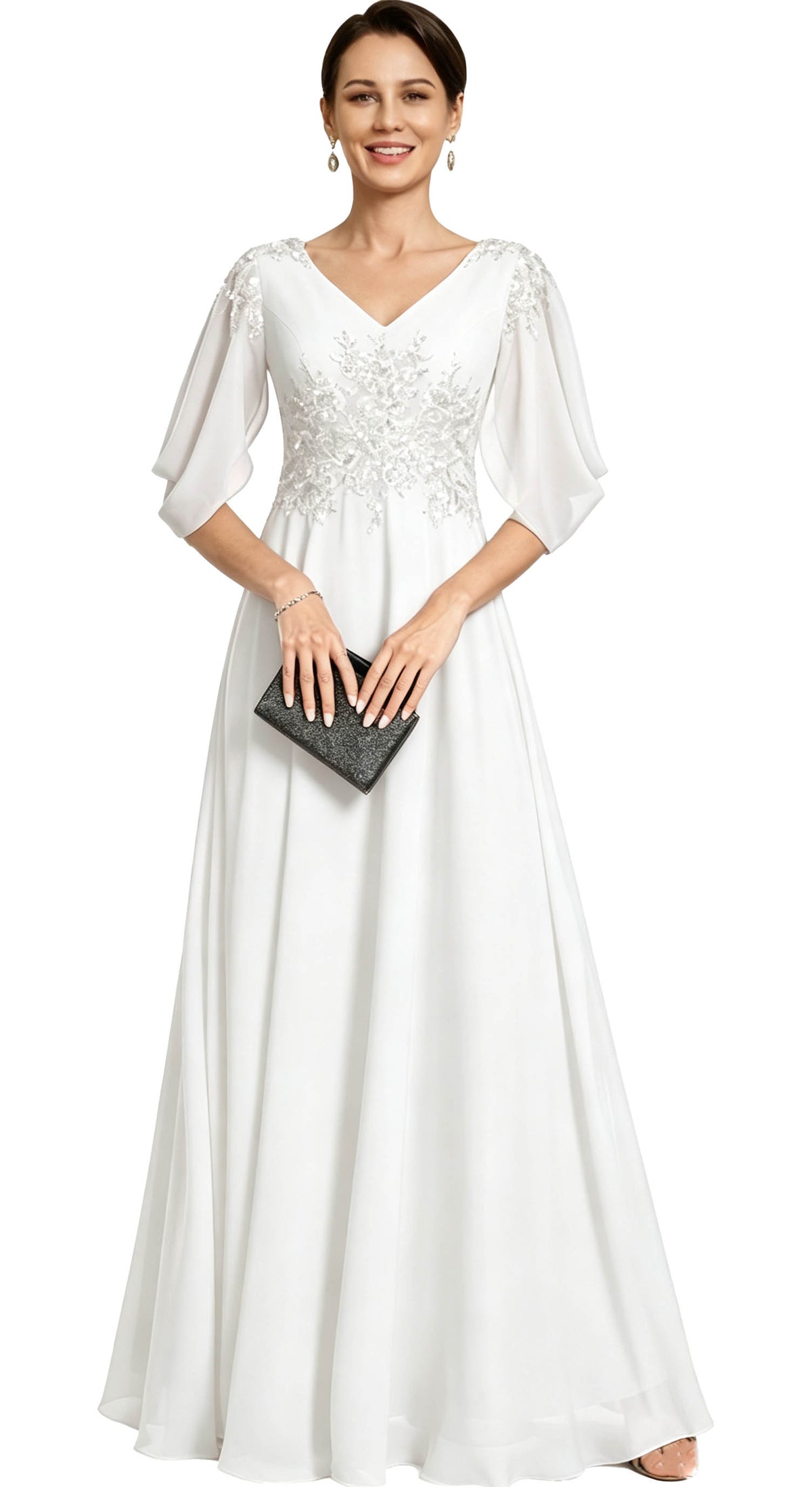 V Neck Chiffon A Line Sequin Lace Dress