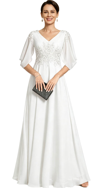 V Neck Chiffon A Line Sequin Lace Dress