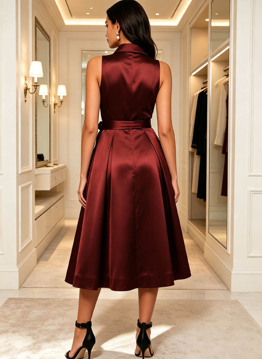 Women's Stain Formal Business Casual Shirt Dress Wine Red 2