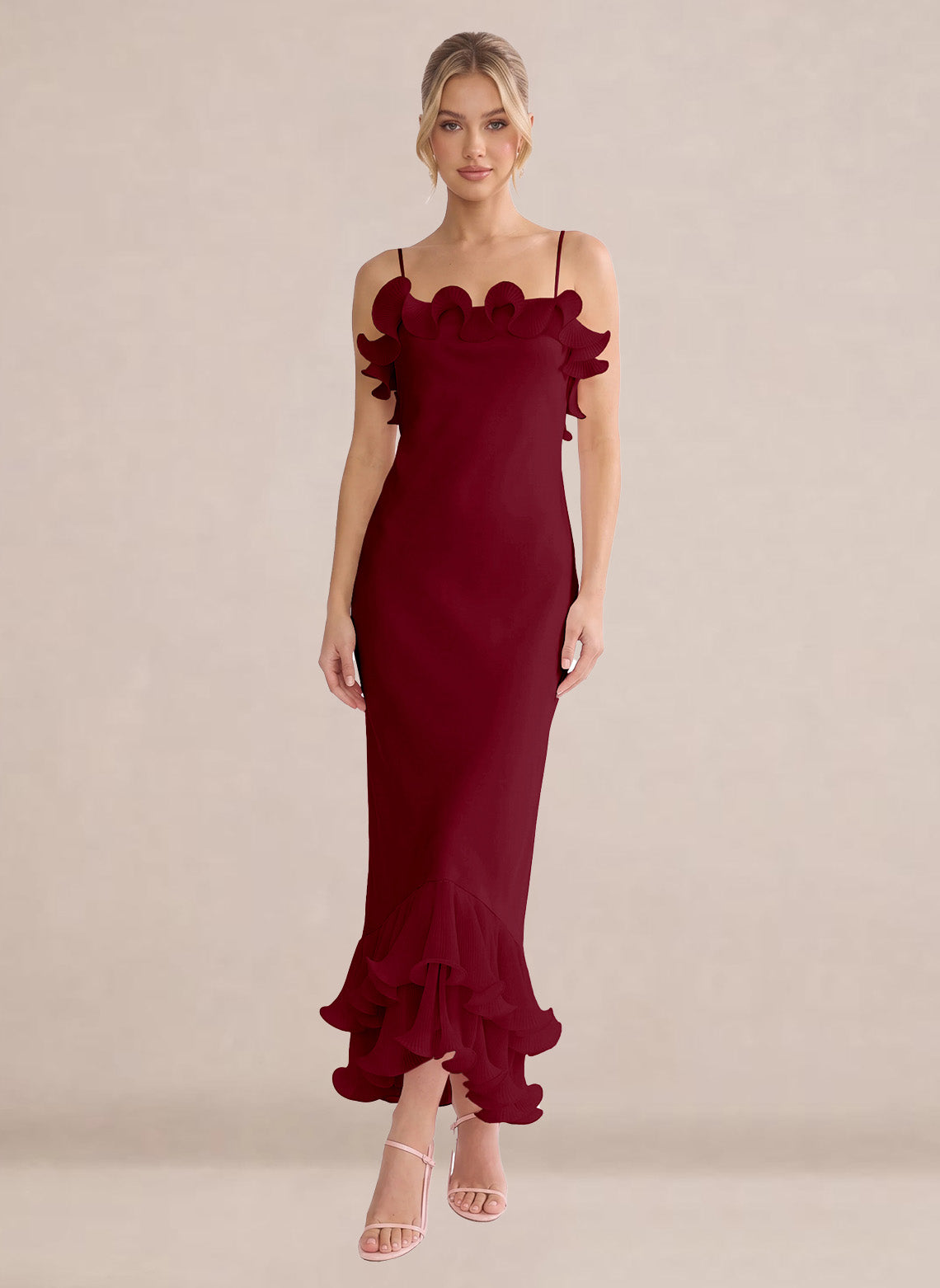 Ruffles Chiffon Layer Midi Formal Wedding Guest Dresses