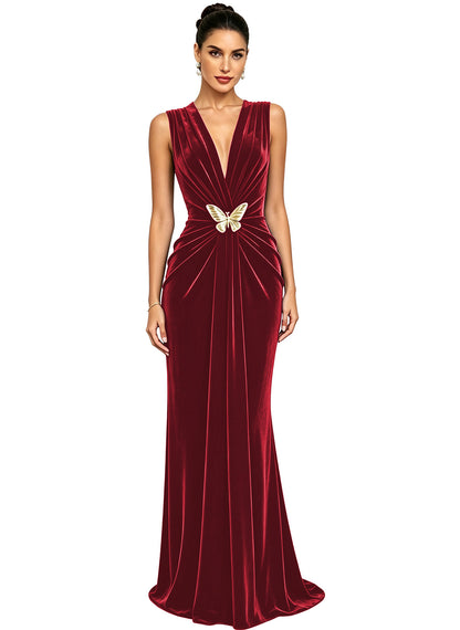 Women's Velvet V Neck Mermaid Formal Wedding Guest Dress