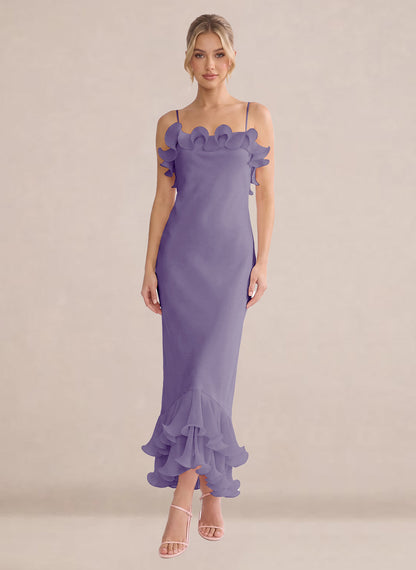 Ruffles Chiffon Layer Midi Formal Wedding Guest Dresses