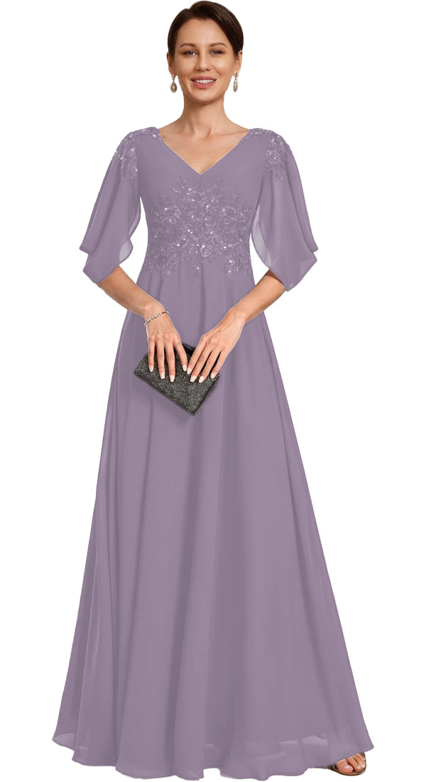 V Neck Chiffon A Line Sequin Lace Dress