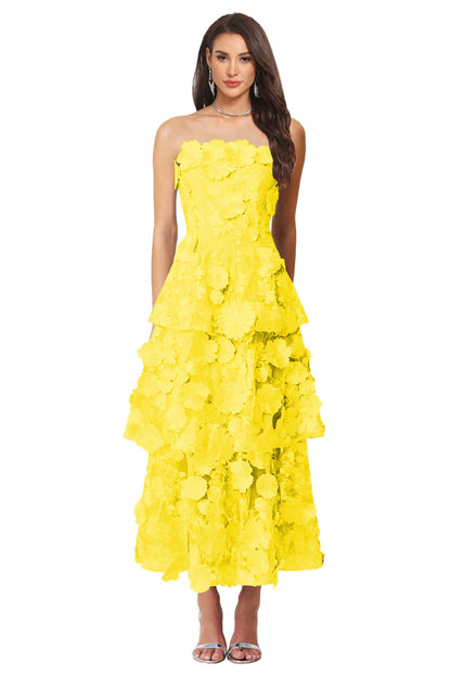 Floral Appliqued Tea Length Formal Wedding Guest Dress