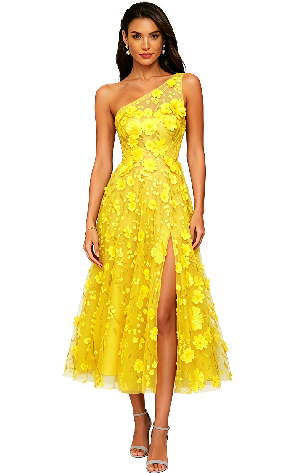 Floral Appliqued One Shoulder Long Formal Dress