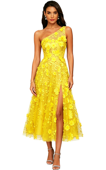 Floral Appliqued One Shoulder Long Formal Dress