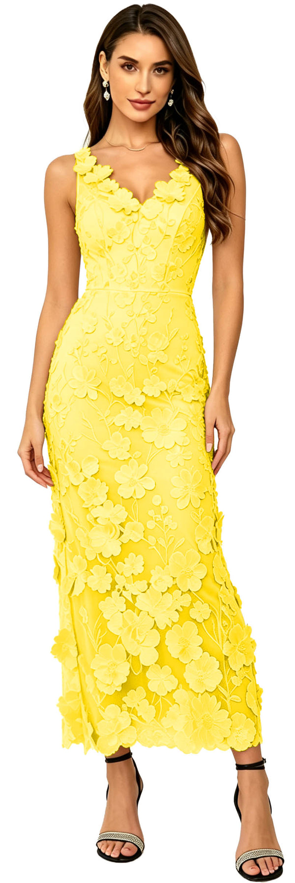 Floral Appliqued V Neck Long Formal Dress