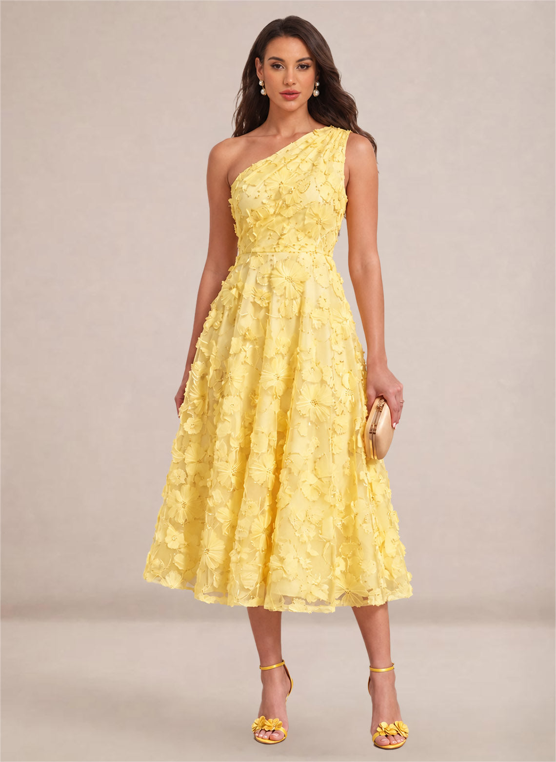 Floral One Shoulder A-line Midi Formal Wedding Guest Dresses