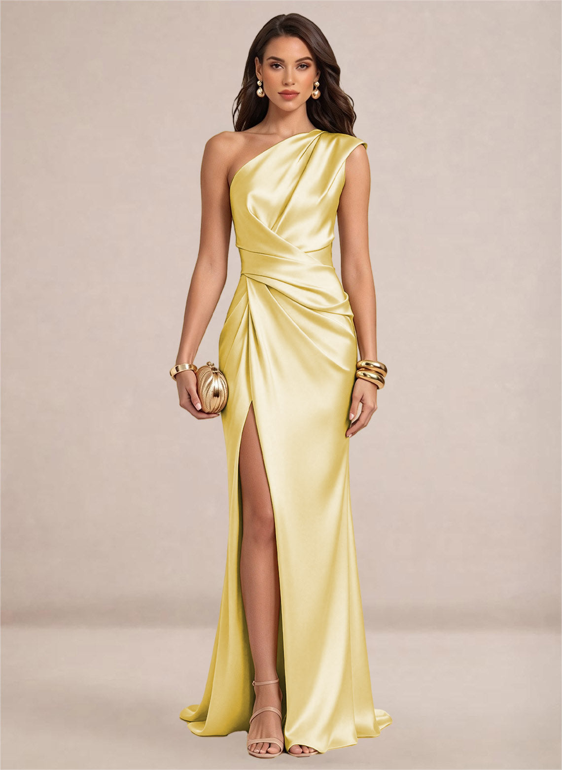 Satin One Shoulder Ruffles Mermaid Maxi Dress with Slit