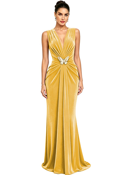 Women's Velvet V Neck Mermaid Formal Wedding Guest Dress