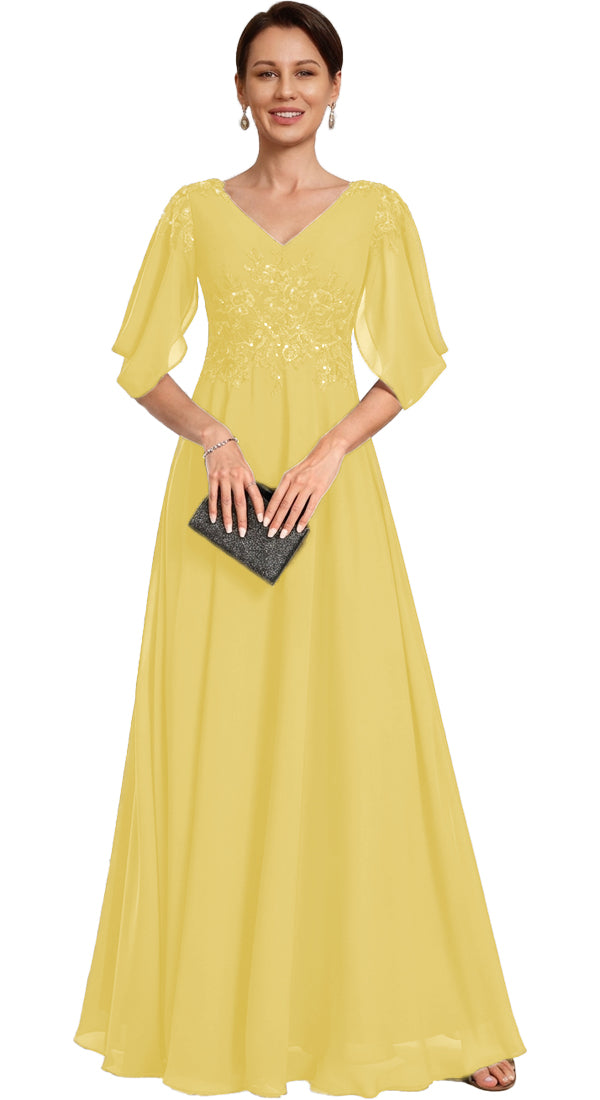 V Neck Chiffon A Line Sequin Lace Dress