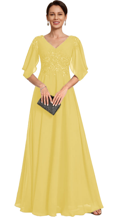 V Neck Chiffon A Line Sequin Lace Dress